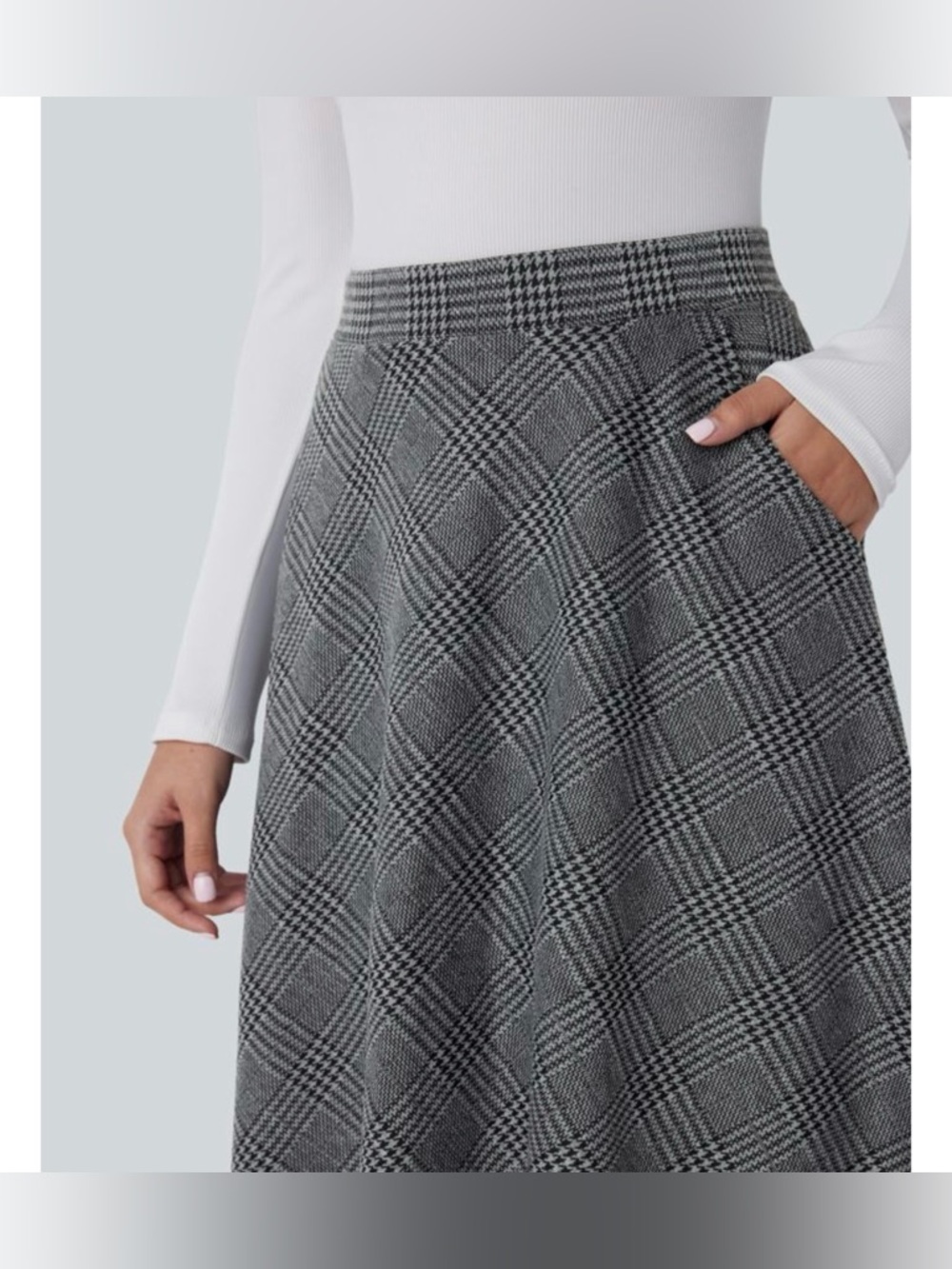 High Waisted Pocket Houndstooth
Plaid Flare Midi Casual Skirt - Picture 3 of 6